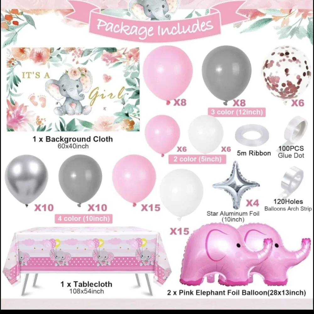Elephant Girls Baby Shower Decoration Set - Pink